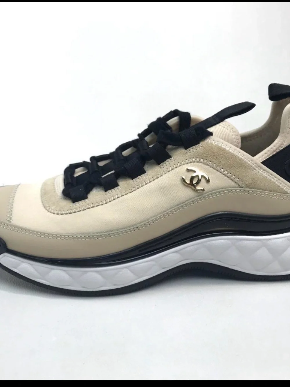 CHANEL Beige & Black Women's Lace-Up Sneaker with Gold CC